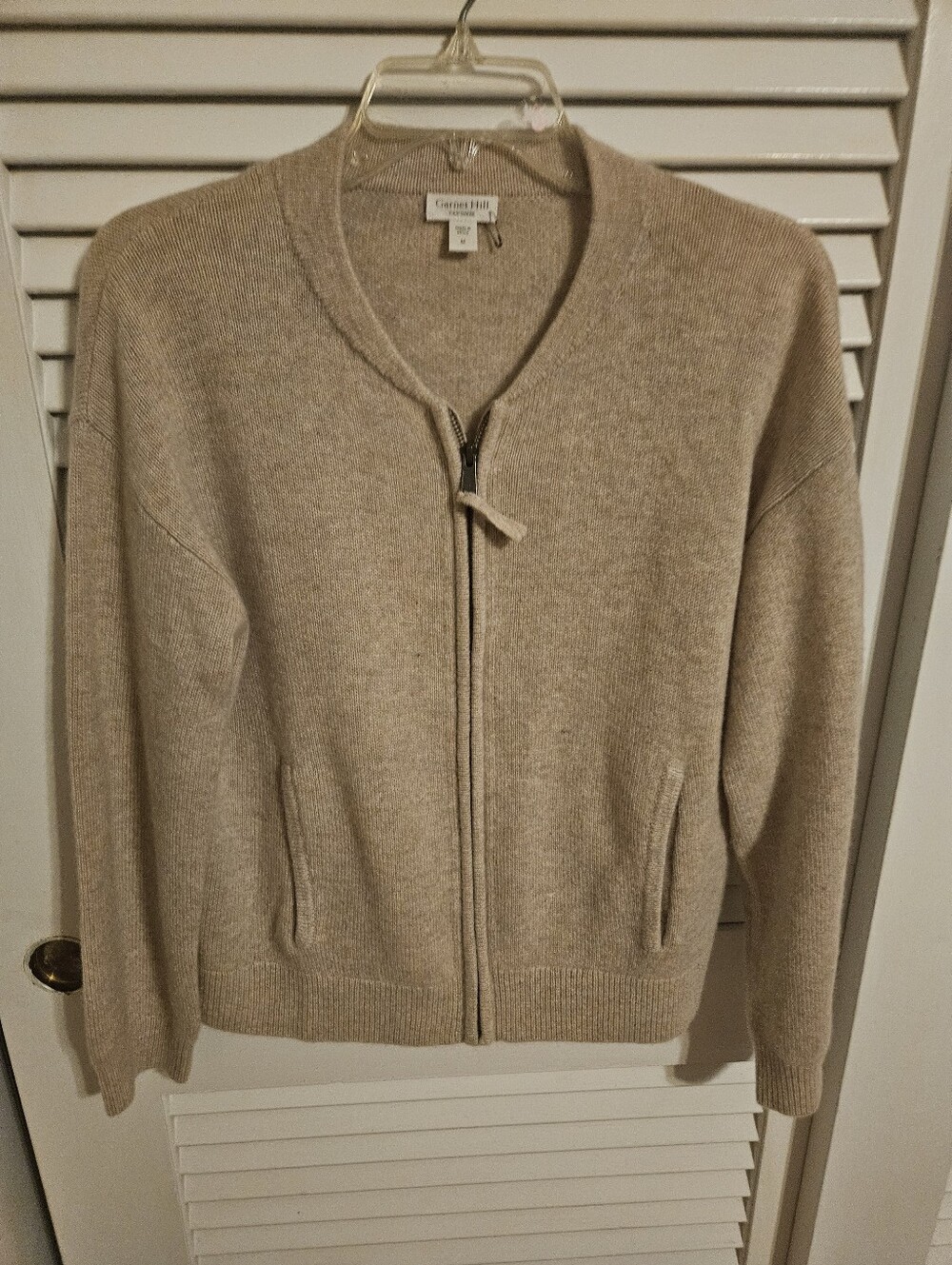 Garnet Hill Women's Zip-Front Beige Sweater, Medium 100% Cashmere